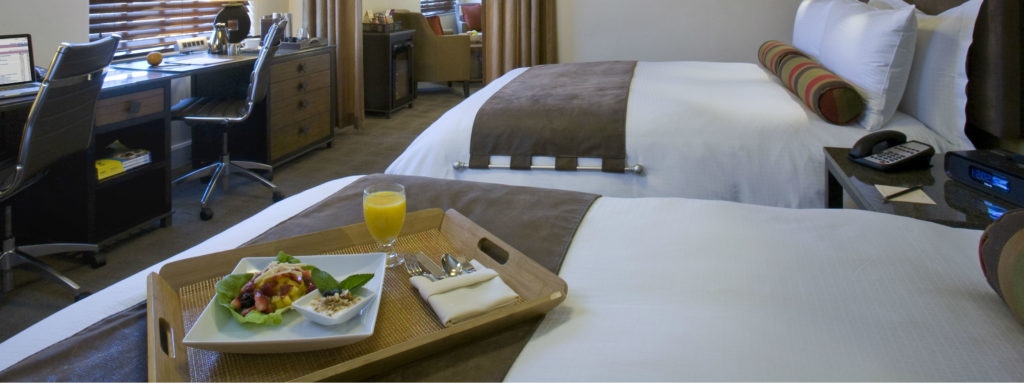 A meal on a serving tray in one of the hotel's guest rooms