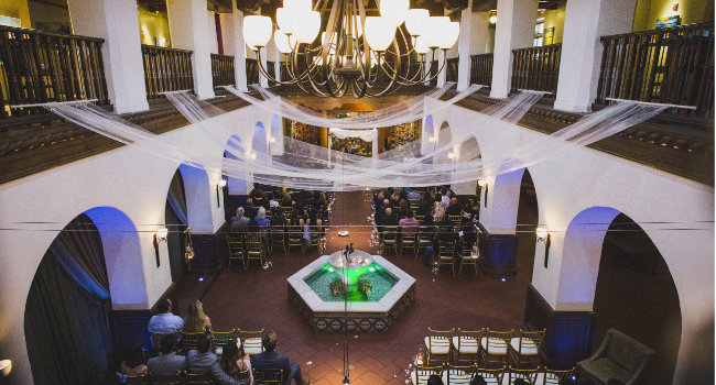 An aerial view from the second floor of the Hotel Andaluz Lobby during a wedding.